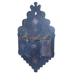 Primitive hanging scalloped cupboard w/3 cubbies & heart motif, teal blue paint, 33"L.