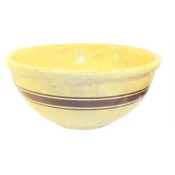 Large yelloware mixing bowl w/brown stripes, marked WELLER, small base flake, 14 Dia.