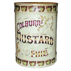 Colburns Mustard crock, slight damage. 12”H x 8 1/2”Dia.