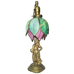 Art Nouveau Victorian Lady figural lamp w/leaded glass shade, 17"H.