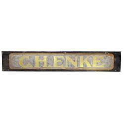 "C. Henke" country store trade sign, gold letters, sand painted finish w/beveled edges, 1880's, 97"L