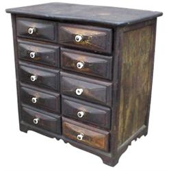 10 drawer apothecary chest w/scalloped bottom, original surface, 17 H.