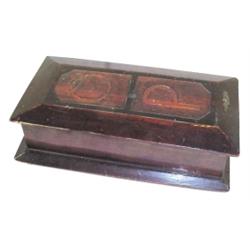 Wooden box w/chamfered lid & base, carved O.P. in top, 4 H x 11 1/2 L.