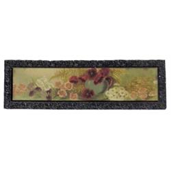 Framed yardlong print of colorful flowers & pitcher, fancy old frame, 38 W x 12 H.