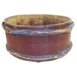 Wooden barrel, oxblood red paint w/blue trim, 13"Dia.