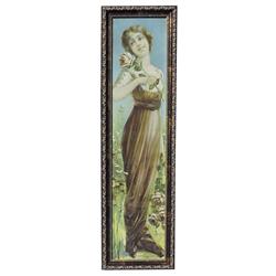 Framed yardlong Victorian lady in brown gown holding rose, signed Gregson, professionally framed, 10