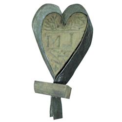 Carved wooden heart butter mold w/tin surround, initials M.J. carved in heart, 8"L.