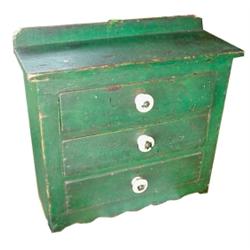 Child's 3 drawer dresser w/green paint & porcelain pulls, scalloped skirt, 15" H.