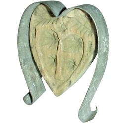 Carved wooden heart butter mold w/tin surround, carved cross in heart, 4"L.