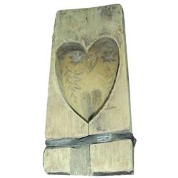 Carved wooden heart butter mold, WC and heart carved in heart, 10"L.