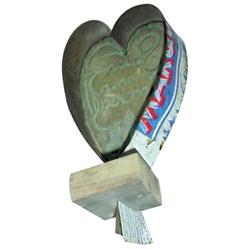 Carved wooden heart butter mold, carved script writing in heart, metal surround, approx. 7"L.