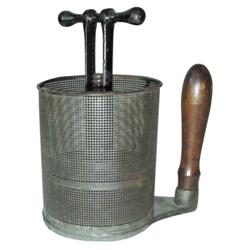 "Improved Fruit & Jelly Press", pat'd. Aug 12, 1873, cast iron w/wood handle, approx. 6"H.