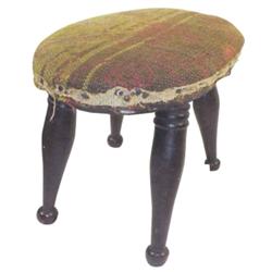 Sheraton stool, nicely turned legs, very old fabric, 8"H.