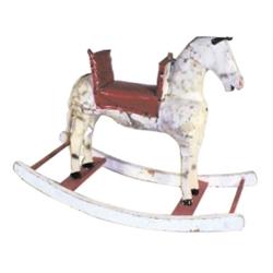 Child's rocking horse, paper mache over burlap body, wood legs & rockers, red & white, 34"L.