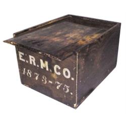 Grain-painted wooden box w/chamfered sliding lid, box marked E.R.M. Co., 1873-75, 17"L.