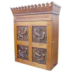 Contemporary hanging cupboard w/hand carved bird decor, solid cherry, 28 H.