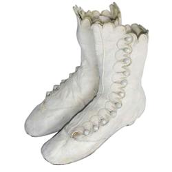 White high top leather wedding shoes, pearl buttons & fancy scalloped top, lady died in 1900.