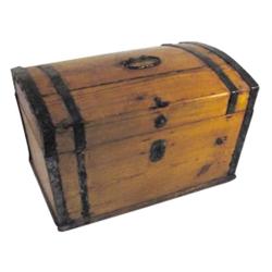 Very old round top wooden child's trunk, hand wrought metal hardware, square nails, 20"W.