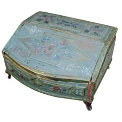 Norwegian jewelry box, dated 1787, given to daughter on her wedding, RARE, blue paint, 6"H.