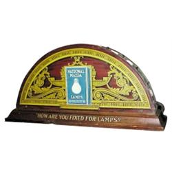 Mazda Light Bulb counter display w/sockets for light up bulbs.  Tin litho 2 sides. C.1920, excellent