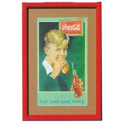 Paper Coca-Cola sign, boy eating hotdog, professionally restored, matted & framed, 18"W x 27"L.