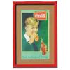 Image 1 : Paper Coca-Cola sign, boy eating hotdog, professionally restored, matted & framed, 18"W x 27"L.