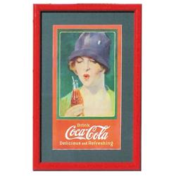 Paper Coca-Cola sign, lady w/bottle of Coca-Cola, professionally restored, matted & framed, 18"W x 2