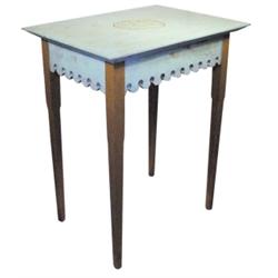 Contemporary "Folk Art" table with hand carved center medallion, detailed side trim, blue & mustard 