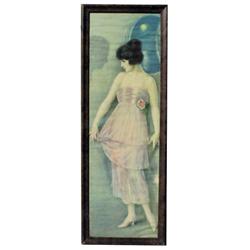 Framed yardlong lady in pink gown dancing in moonlight, old frame, 9"W x 25"L.