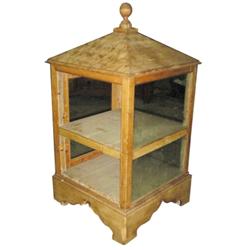 Pine country store display case with "roof top", round knob finial, unusual, 52"H x 24" Sq.