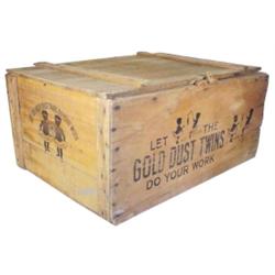 "Gold Dust Twins" wooden washing powder advertising box w/hinged lid, 27"W x 12"H.
