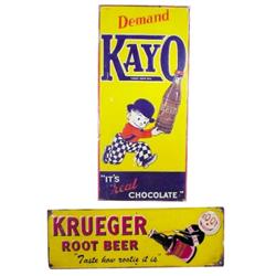 Lot of 2 tin signs:  Embossed Krueger Root Beer, 28"L & embossed Kayo Chocolate Drink,  14"W x 30"H.
