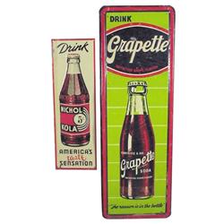 Lot of 2 tin signs: Embossed  Nichol Cola, 24"L & embossed Grapette, 39"L.