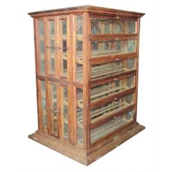 Oak ribbon display cabinet, double sided w/6 tip out drawers ea. side & slide thru center drawers, S