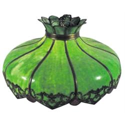 Victorian stained glass hanging lamp, 10 bent panels, green w/red trim, 25"Dia