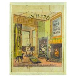 "White Sewing Machine" puzzle, 1883, good condition, framed between glass, 16" x 18".