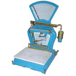 "Stimpson" country store scale, blue paint, marble top, 30"H.