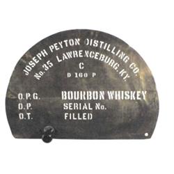 "Jo. Peyton Distillery Co., Lawrenceburg, KY", brass advertising stencil, used to mark wood barrels,