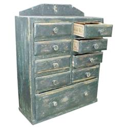 9 drawer spice chest, robin's egg blue paint, made from cigar boxes, 24"H.