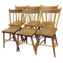 Set of 6 pine spindle back plank seat chairs, 32"H.