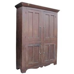 4 door family cupboard w/chamfered doors, oxblood red paint, 76 H.