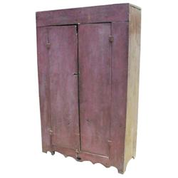 2 dr. straight front cupboard w/heart cutout in skirt, very thick oak, painted red, 44"W x 66"H.