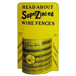 Litho on tin display rack for "Super Z" barb wire fencing.  C. 1910, "American Artworks".