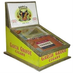 Litho on tin "Garcia Grande" cigar display humidor. 9”W x 13”H.