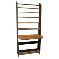 Country store wooden display shelf w/original finish and tip up writing surface, 37 W x 80 H.