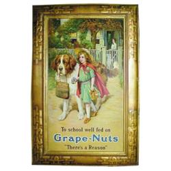 Tin Litho Sign, Grape Nuts, "To School Well Fed." Ex. cond, C.1910, 20"W x 30"H.