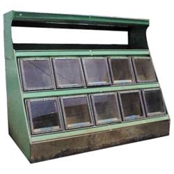 Country store 10 compartment metal biscuit display rack, painted apple green, 54  W.