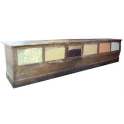 6 compartment country store seed counter, pine w/old green paint, 142"L.