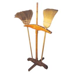 Country store broom display rack w/2 old brooms, nice old bittersweet colored paint, 61"H.