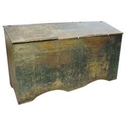 3 compartment slant-top lift-top country store bin w/original green paint, porcelain knobs, 73"W.